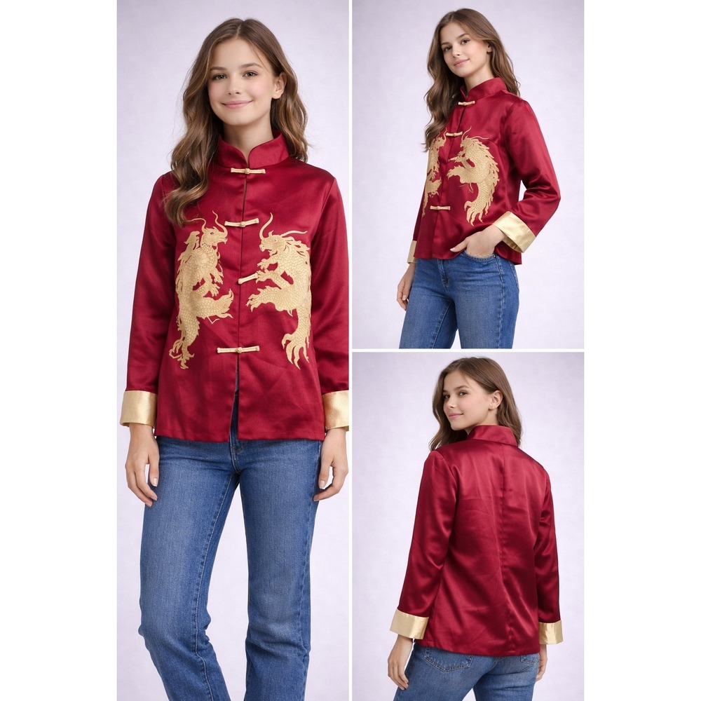Vintage Red Chinese Dragon Satin Jacket – Embroidered – Size 16 child